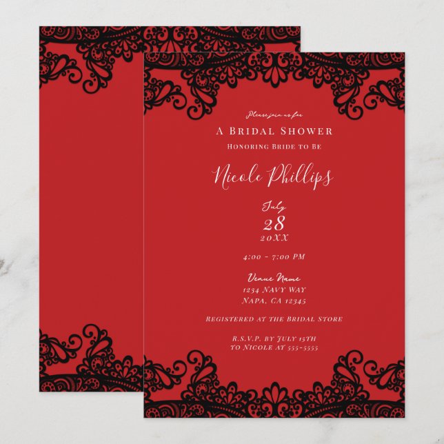 Invitación Red & Black Lace Elegant Moda Bridal Shower (Anverso / Reverso)