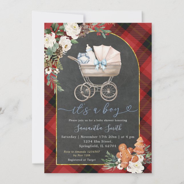 Invitación Red Black Plaid Baby Carrier Shower Navidades (Anverso)