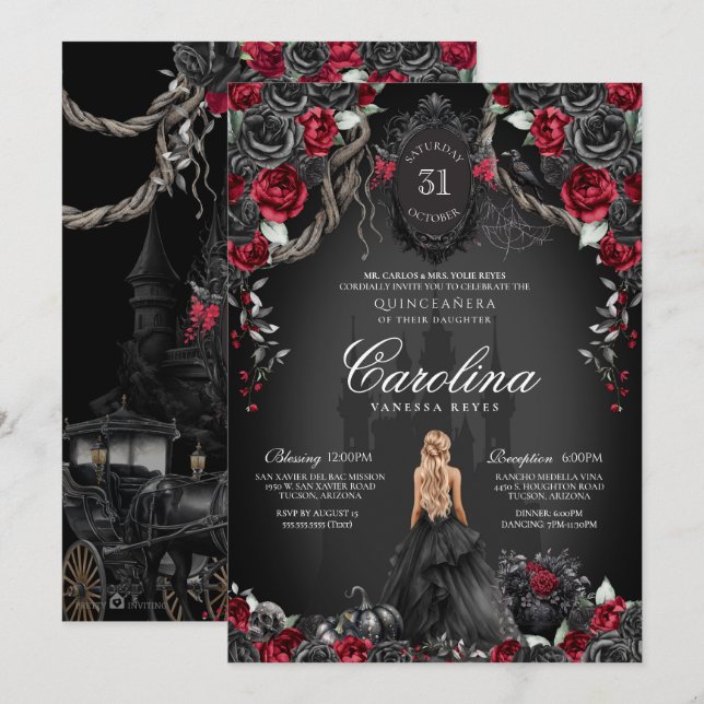 Invitación Red Black Rosa Gótico Haunted Spooky Quinceanera (Anverso / Reverso)