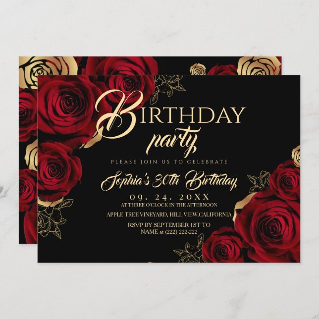 Invitación Red Black Roses Birthday Party Invitation (Anverso / Reverso)