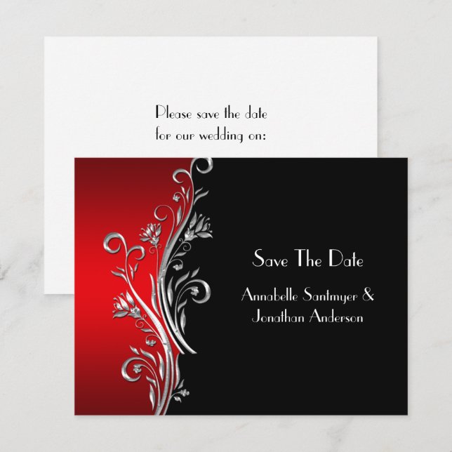 Invitación Red Black Silver Swirls Wedding RSVP (Anverso / Reverso)