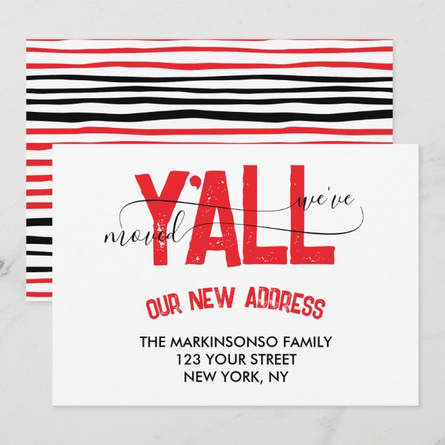 Invitación Red Black Stripe We Moved Moving Announcement (Anverso / Reverso)