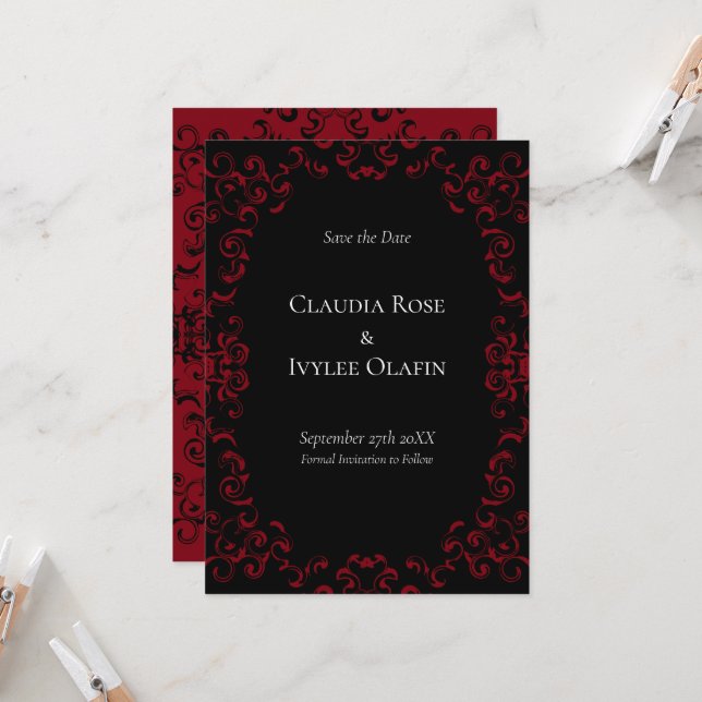 Invitación Red & Black Swirl Gothic Boda (Anverso/Reverso In Situ)