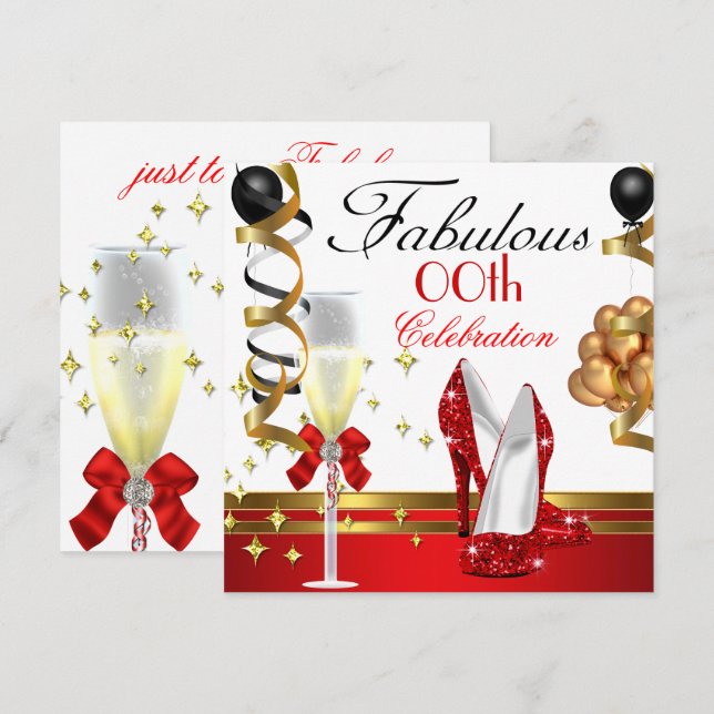 Invitación Red Black White Gold Fabulous Birday Party (Anverso / Reverso)