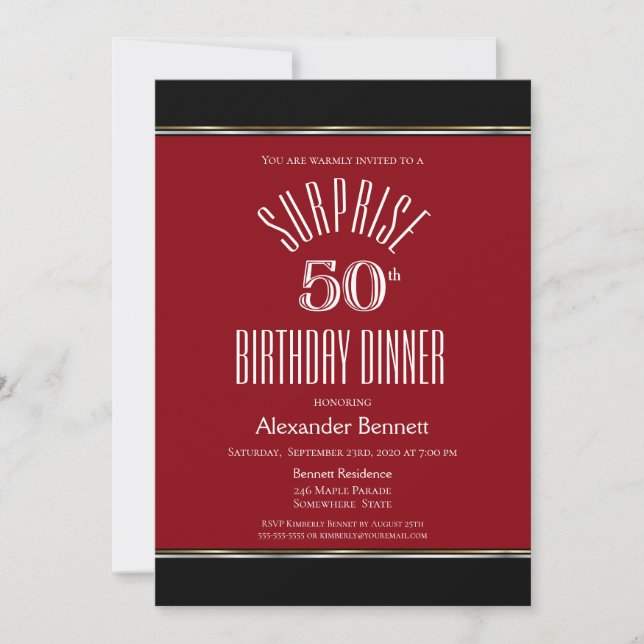 Invitación Red Black White Surprise Cena de 50 Años (Anverso)