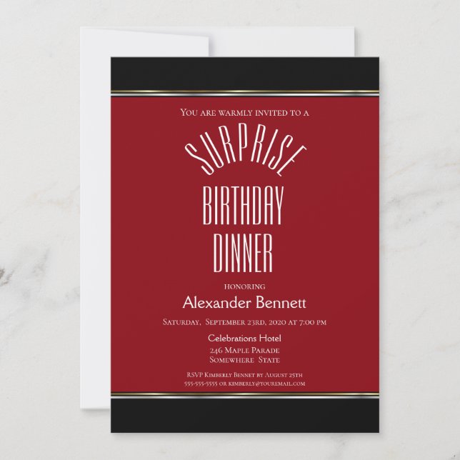 Invitación Red Black White Surprise Fiesta de la cena de cump (Anverso)