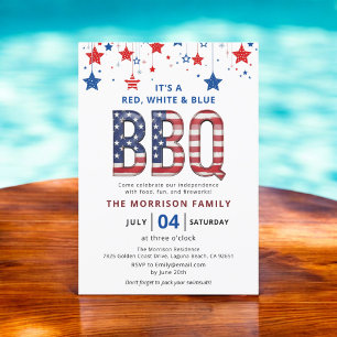 Invitación Red, blanco, azul barbacoa 4 de julio Independenci