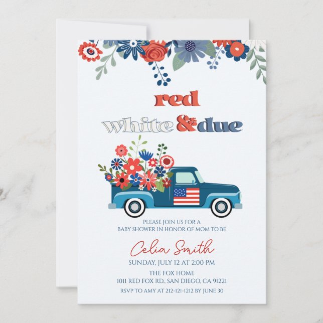 Invitación Red, blanco y debido Floral Truck Baby Shower (Anverso)