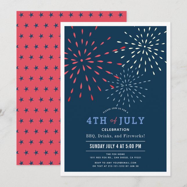 Invitación Red, Blanco y Vencimiento 4 de Julio Fuegos artifi (Anverso / Reverso)