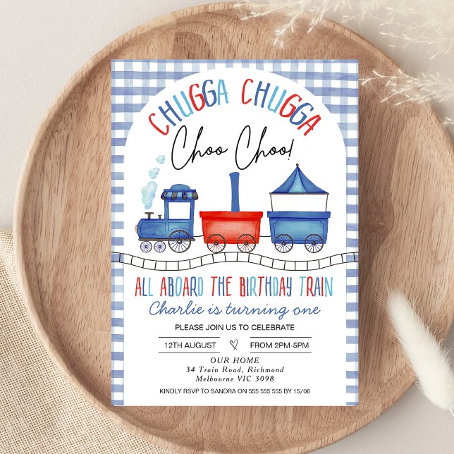Invitación Red Blue Gingham Chugga Tren de Chugga Primer Cump (Boys Train 1st Birthday Invitation, Blue Red Train First Birthday Invitation, Chugga Chugga Train)