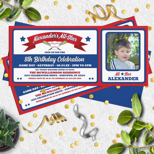 Invitación Red & Blue Photo Baseball Game Ticket Birthday (Subido por el creador)