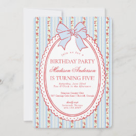Invitación Red & Blue Vintage Fancy Floral Birthday Party