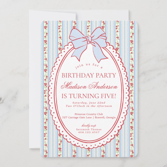 Invitación Red & Blue Vintage Fancy Floral Birthday Party (Anverso)