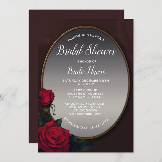 Invitación Red Blush Floral Silver Gray Mirror Bridal Shower (Anverso / Reverso)