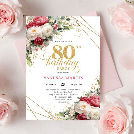 Invitación Red blush roses 80th birthday invitation with gold