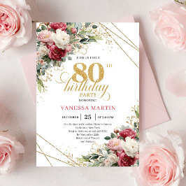 Invitación Red blush roses chic gold accent card 80th birthda