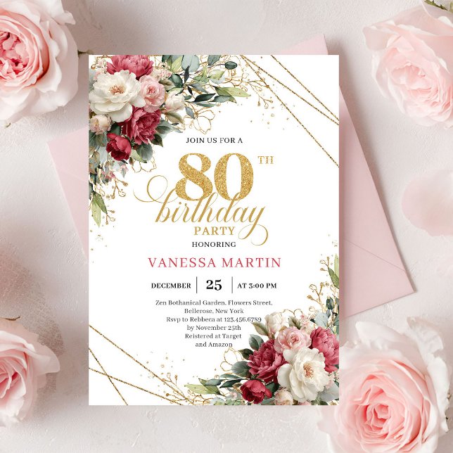 Invitación Red blush roses chic gold accents card 80 birthday (Red blush roses chic gold accents card 80 birthday invitation

)