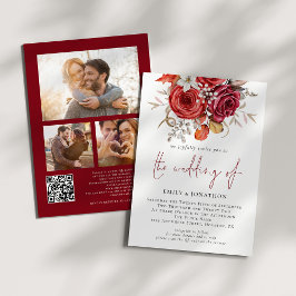 Invitación Red Boho Florals 3 fotos Boda de código QR