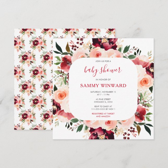 Invitación Red borgoña y Rubor rosado floral Baby Shower (Anverso / Reverso)