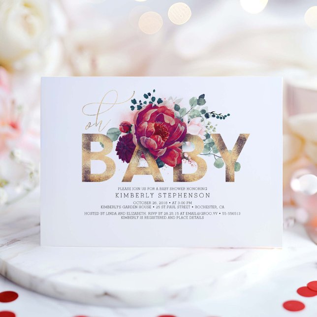 Invitación Red borgoña y Rubor rosado floral Baby Shower (Floral Baby Shower Invitations)