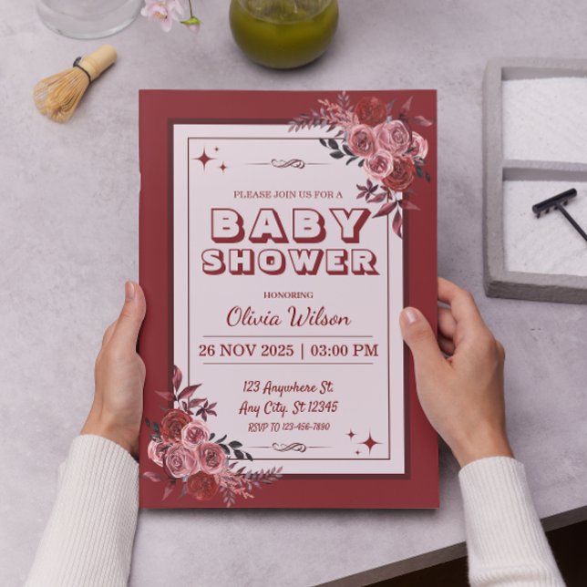 Invitación Red borgoña y Rubor rosado floral Baby Shower (Subido por el creador)