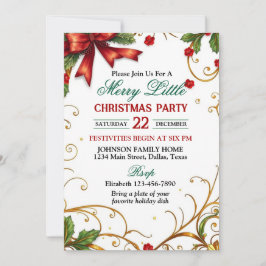 Invitación Red Bow and Ornate Gold Border Christmas Party
