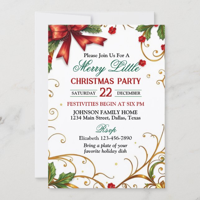 Invitación Red Bow and Ornate Gold Border Christmas Party (Anverso)