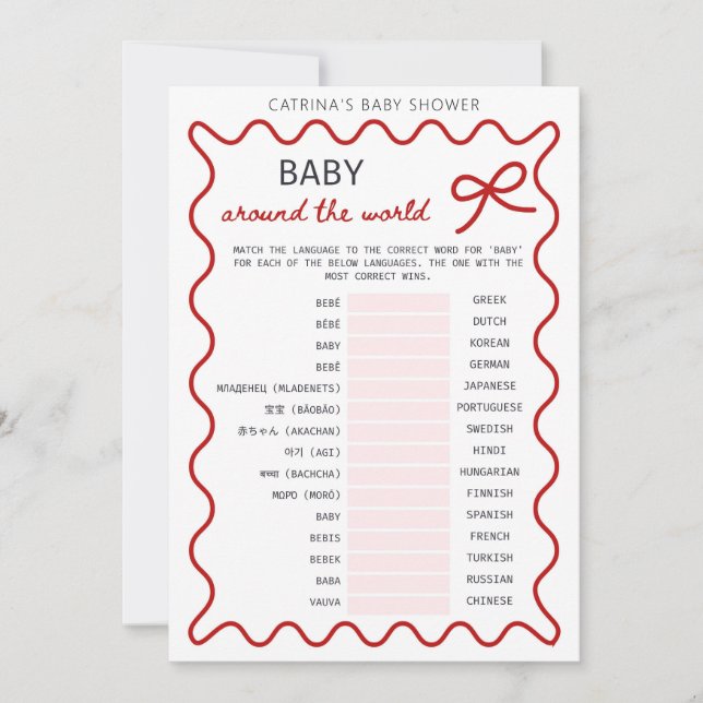 Invitación Red Bow Baby Shower - Editable Name, 5x7 (Anverso)