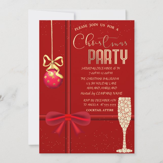 Invitación Red Bow, Ball, Champagne Glass Navidades Company (Anverso)