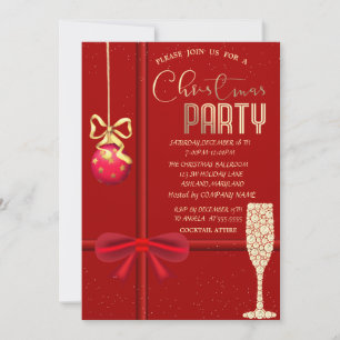 Invitación Red Bow, Ball, Champagne Glass Navidades Company