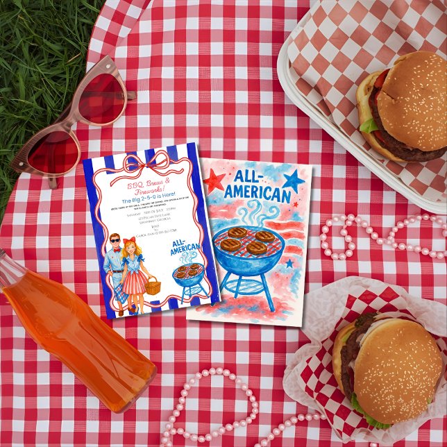 Invitación Red Bow BQ, brews, fuegos artificiales 4 de julio (Red Bow BBQ, Brews, Fireworks 4th of July Invitation)