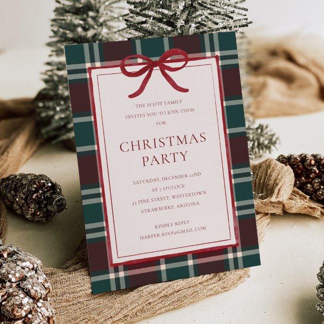 Invitación Red Bow Burgundy Green Plaid Christmas Party (Subido por el creador)