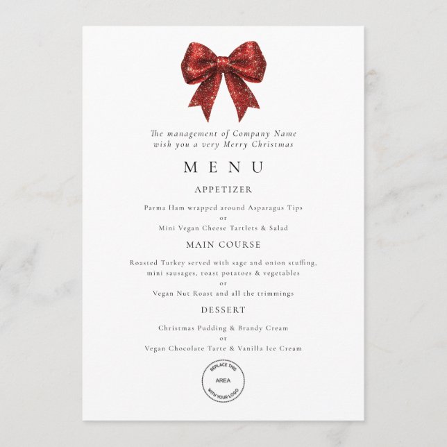 Invitación Red Bow Business Logo Christmas Party Menu Card (Anverso)