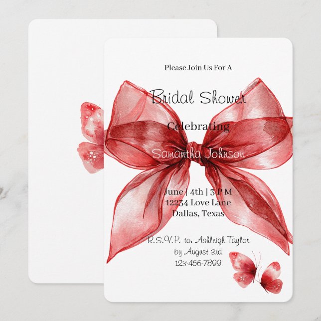 Invitación Red Bow Butterflies Bridal Shower   (Anverso / Reverso)