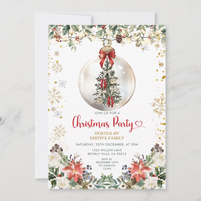 Invitación Red Bow Christmas Party Ornament Holiday Floral (Anverso)