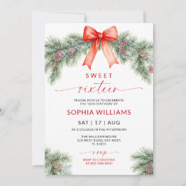 Invitación Red Bow Christmas Sweet 16 Birthday Invitation