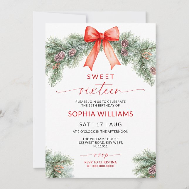 Invitación Red Bow Christmas Sweet 16 Birthday Invitation (Anverso)