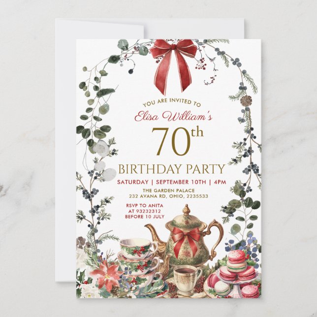 Invitación Red Bow Christmas Woman 70th Birthday Tea Party (Anverso)