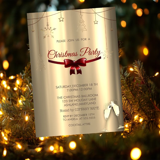 Invitación Red Bow, Glasses Gold Ornaments Company Navidades (Subido por el creador)