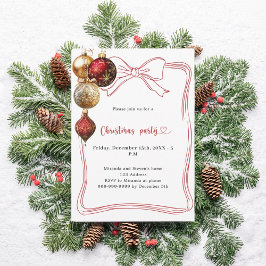 Invitación Red bow gold baubles Christmas Party