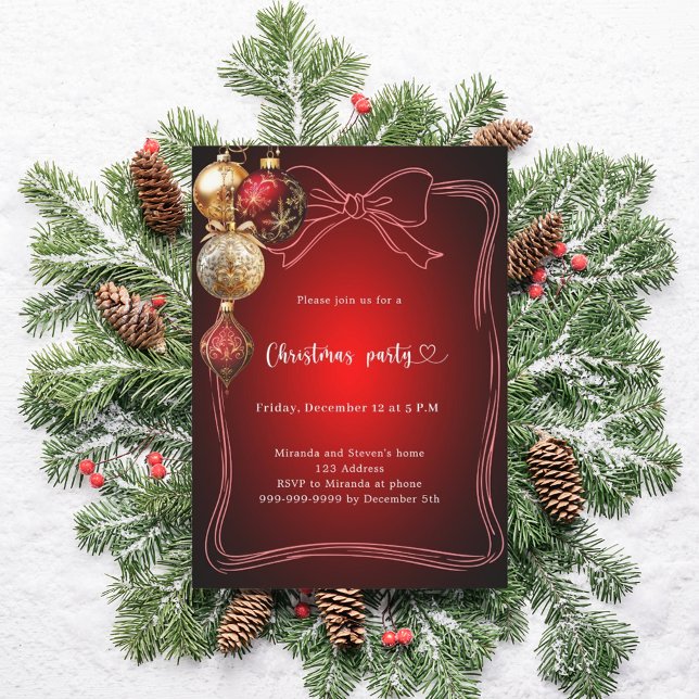 Invitación Red bow gold baubles hand-drawn Christmas Party (Subido por el creador)