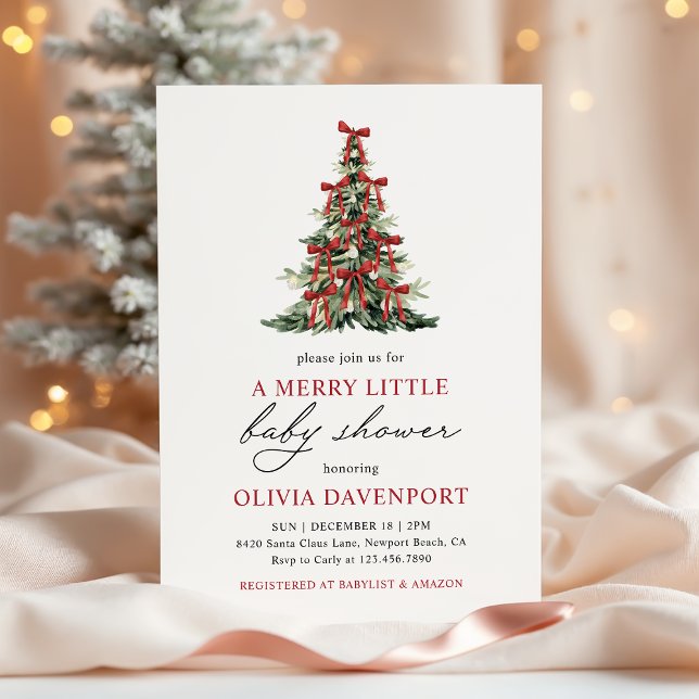 Invitación Red Bow Merry Little Christmas Tree Baby Shower (Subido por el creador)