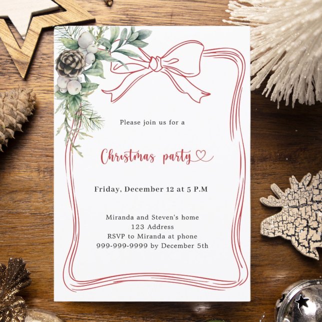 Invitación Red bow pine greenery Christmas Party (Subido por el creador)