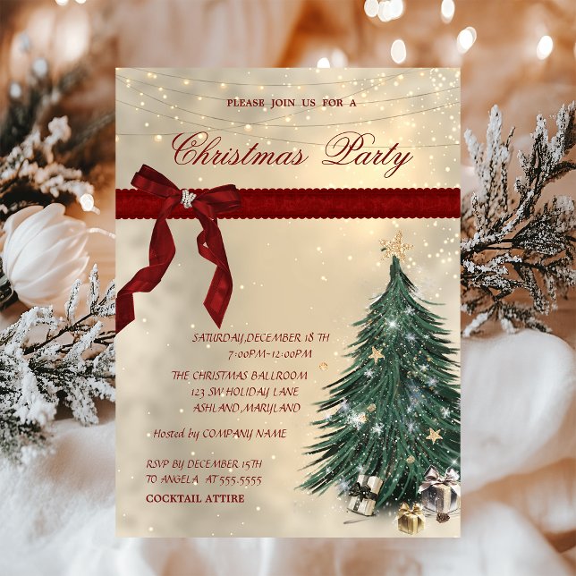 Invitación Red Bow, Pine Tree, Stars Corporate Navidades Fies (Subido por el creador)