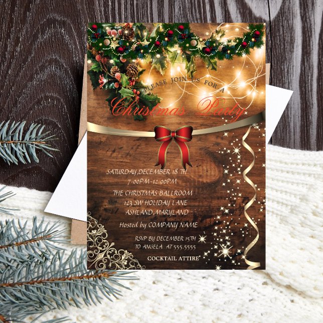 Invitación Red Bow, Rustic, Gold Company Navidades Fiesta (Subido por el creador)