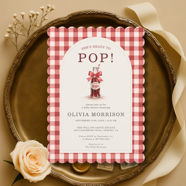 Invitación Red Bow She's Ready to Pop Gingham Baby Shower (Subido por el creador)