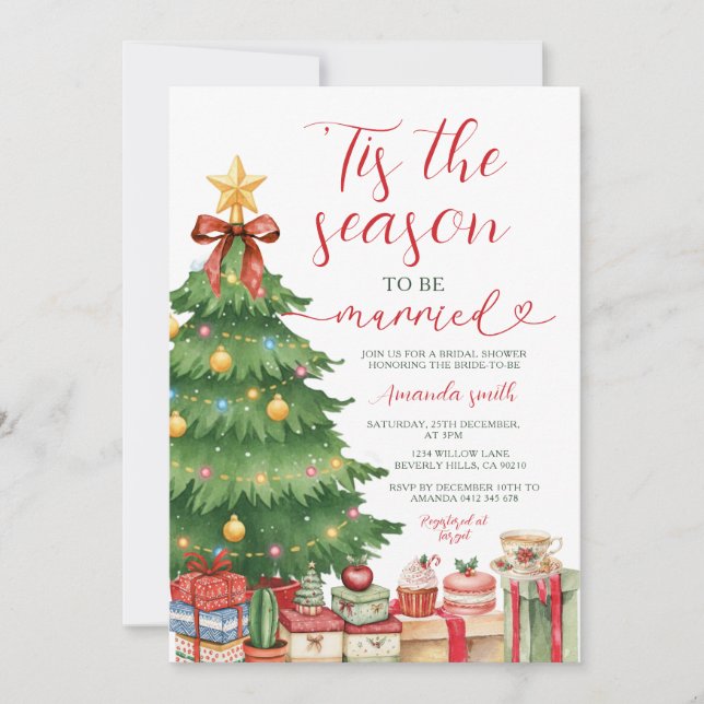 Invitación Red Bow Tis The Season to Be Married Bridal Shower (Anverso)