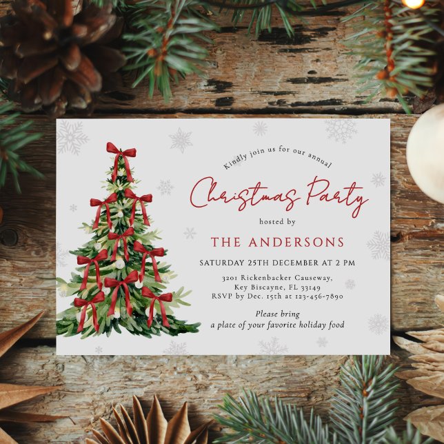 Invitación Red Bow Traditional Tree Christmas Party (Subido por el creador)