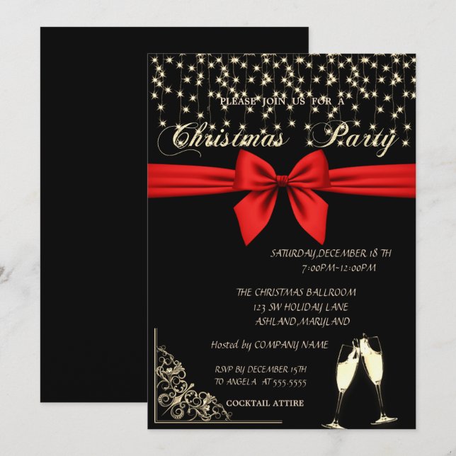 Invitación Red Bow, Wine Glass, Black Company Navidades Fiest (Anverso / Reverso)