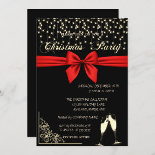 Invitación Red Bow, Wine Glass, Black Company Navidades Fiest